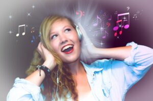 young woman singing with musical notes around her head