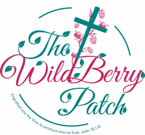 LOGO: The WildBerry Patch work art, with a cross extending up out of the D, berries growing out of the cross, leaves growing out of the letters. In a circle. the text along the bottom of the circle says Engrafted into the Vine to produce Eternal Fruit. John 15:5-8 "The" and "Patch", the cross, and the circle indications as well as the text are in Teal Blue. "WildBerry" is in Maroon Blush, and has leaves on the letters that are also teal Blue.