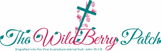LOGO: The WildBerry Patch horizontal word art, with a cross extending up out of the D, berries growing out of the cross, leaves growing out of the letters. The text under the word art says Engrafted into the Vine to produce Eternal Fruit. John 15:5-8 "The" and "Patch", the cross, and the text are in Teal Blue. "WildBerry" is in Maroon Blush, and has leaves on the letters that are also teal Blue.